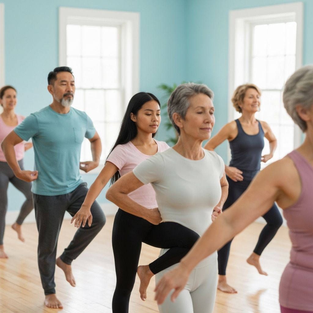 People practicing movement exercises in group setting